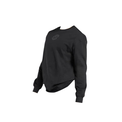 Black long-sleeve sweatshirt with a round neckline and a decorative circular design on the front, displayed without a model.