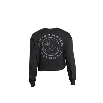 Black cropped sweatshirt featuring a large Gymshark Fitness logo and muscular graphic on the back. Ideal for gym wear.