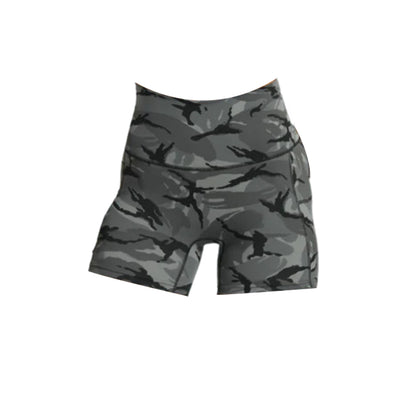Gymshark legacy high-waisted running shorts in grey camouflage print.