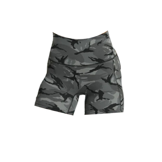 Gymshark legacy high-waisted running shorts in grey camouflage print.