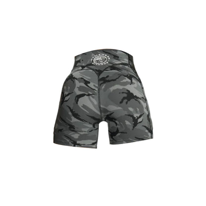 Back view of Gymshark Legacy camouflage-patterned shorts featuring a high waist and form-fitting design, with the Gymshark logo visible on the back waistband.