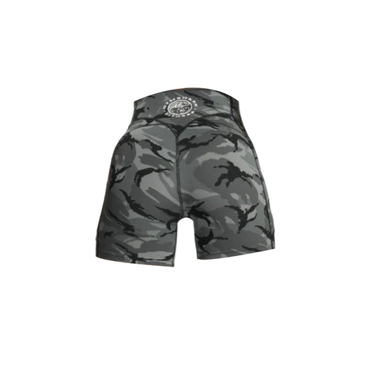 Back view of Gymshark Legacy camouflage-patterned shorts featuring a high waist and form-fitting design, with the Gymshark logo visible on the back waistband.