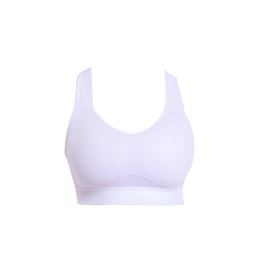 Gymshark light-weight, high support sports bra in white displayed on a white background. The bra has a gentle v neck.