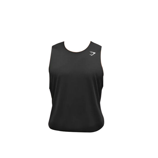 A men’s slim-fit sleeveless black Arrival tank top featuring a round neckline and a small white Gymshark logo on the upper left side.