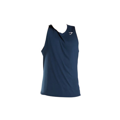 Men's dark navy sleeveless athletic shirt with a round neckline and logo on the chest, designed for comfort and performance.