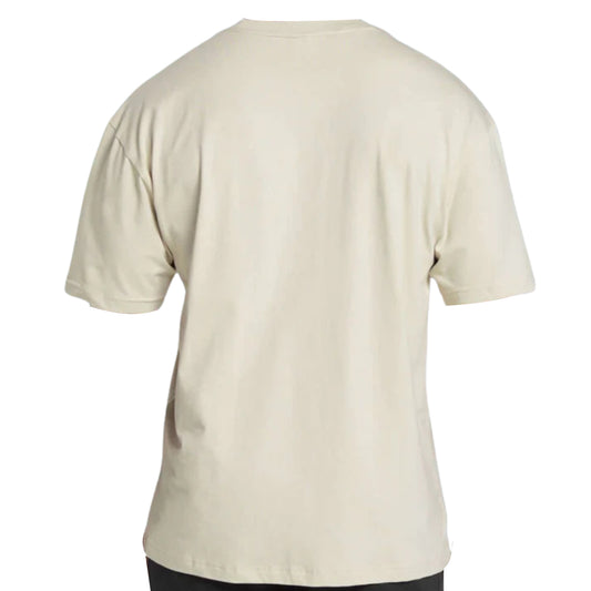 A plain beige Gymshark T-shirt viewed from the back, featuring a classic crew neckline and short sleeves.