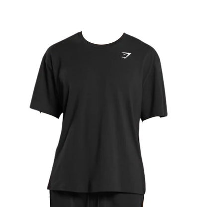 Black short-sleeve T-shirt with a small logo on the upper left chest area, displayed without a model.