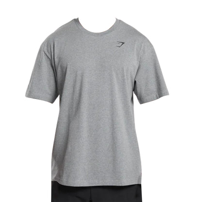 Gray short-sleeve t-shirt with a black logo on the left chest, displayed on a blank mannequin.