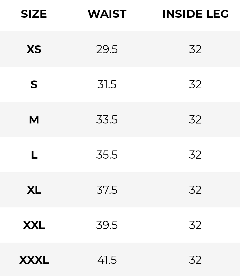 Gymshark men impact joggers size chart displaying waist measurements in inches for various clothing sizes from XS to XXXL, all with a consistent inside leg length of 32 inches.
