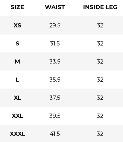Gymshark men impact joggers size chart displaying waist measurements in inches for various clothing sizes from XS to XXXL, all with a consistent inside leg length of 32 inches.