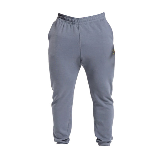 Gymshark gray impact joggers slim fits with an elastic waistband and a yellow logo detail on the side, suitable for casual wear or exercise.