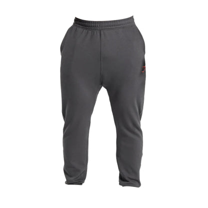 Gray joggers with an elastic waistband and a subtle logo detail in red on the front, designed for comfort and casual wear.