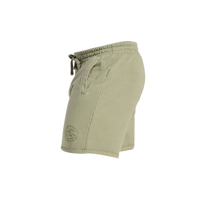 Gymshark men’s premium legacy shorts, olive green, featuring drawstring waistband, side pockets, and stitched logo detail.