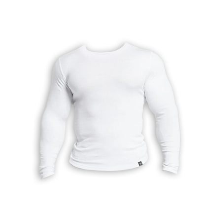 A white, long-sleeved, fitted ribbed t-shirt, displayed as if worn on a headless mannequin.