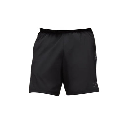 Black Gymshark 7" 2-in-1 running shorts, featuring a dark gray logo on the right outer thigh.