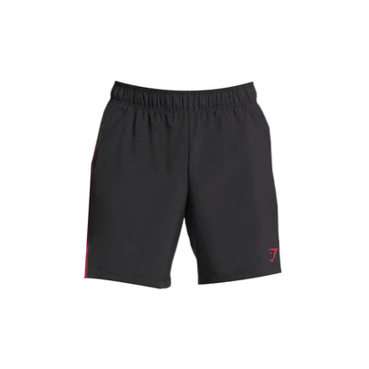 Black Gymshark men's sports shorts featuring a red stripe and logo.