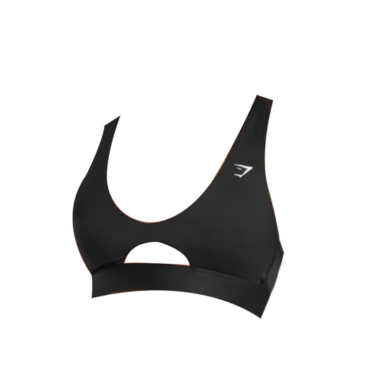 Black Gymshark Peek-a-Boo Sports Bra with a white logo, featuring a racerback design.