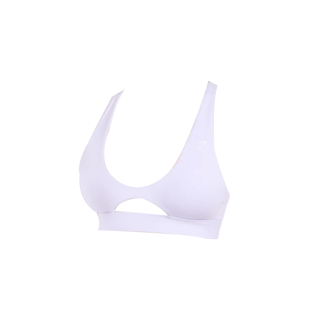 White Gymshark sports bra with triangular cups and a horizontal oval cutout above the band.