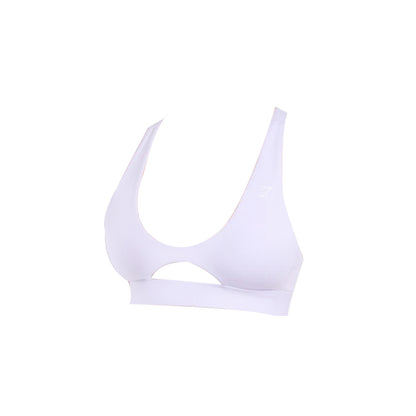 White Gymshark sports bra with triangular cups and a horizontal oval cutout above the band.