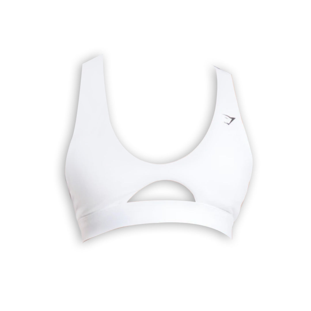 White Gymshark sports bra with cutout, brand logo on the right strap.