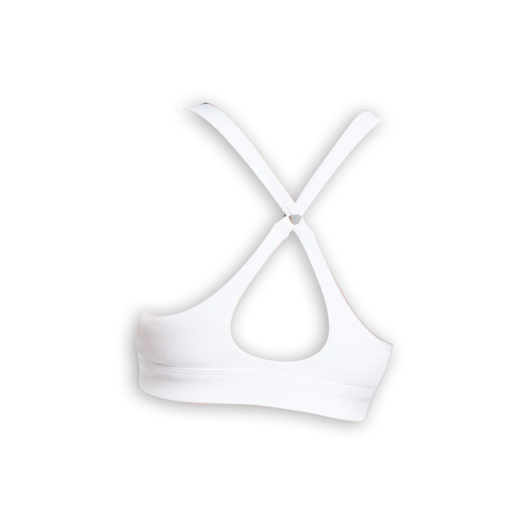 White Gymshark sports bra with criss-cross straps and peek-a-boo cut-out in the back.