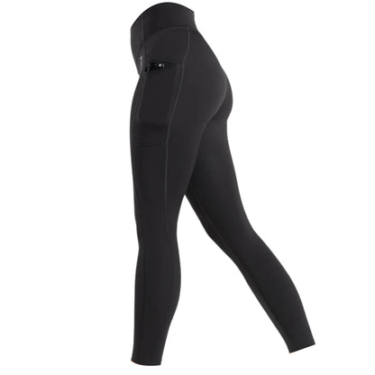 Black Gymshark leggings with a pocket on the right side of the hip containing a cell phone.