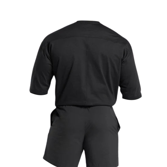Back view of a black athletic outfit featuring a short-sleeve shirt and shorts, designed for comfort and performance.