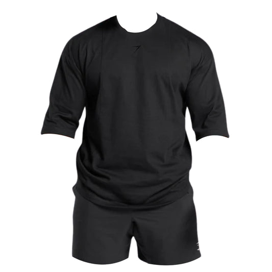A plain black athletic outfit featuring a premium lifting t-shirt and shorts, designed for sports or casual wear.