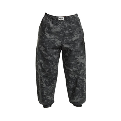 Black camo joggers with an elastic waistband, featuring a relaxed fit and pockets, ideal for casual wear or athletic activities.