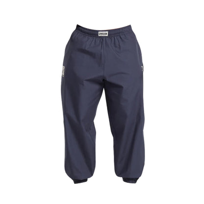 Navy blue athletic pants with an elastic waistband and cuffs, featuring a subtle logo on the side for a sporty look.