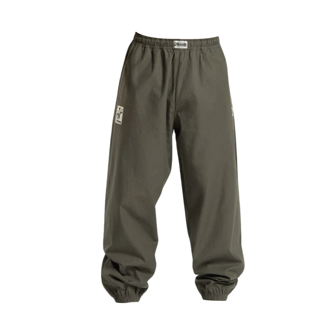 Olive green unisex jogger pants with elastic waistband and cuffs, featuring two pockets and logos on the side.