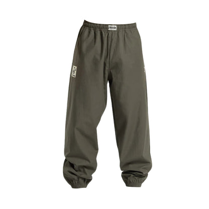 Olive green unisex jogger pants with elastic waistband and cuffs, featuring two pockets and logos on the side.