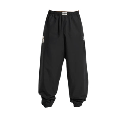 Black, loose-fitting jogger pants featuring a drawstring waist and elastic cuffs, designed for comfort and casual style.