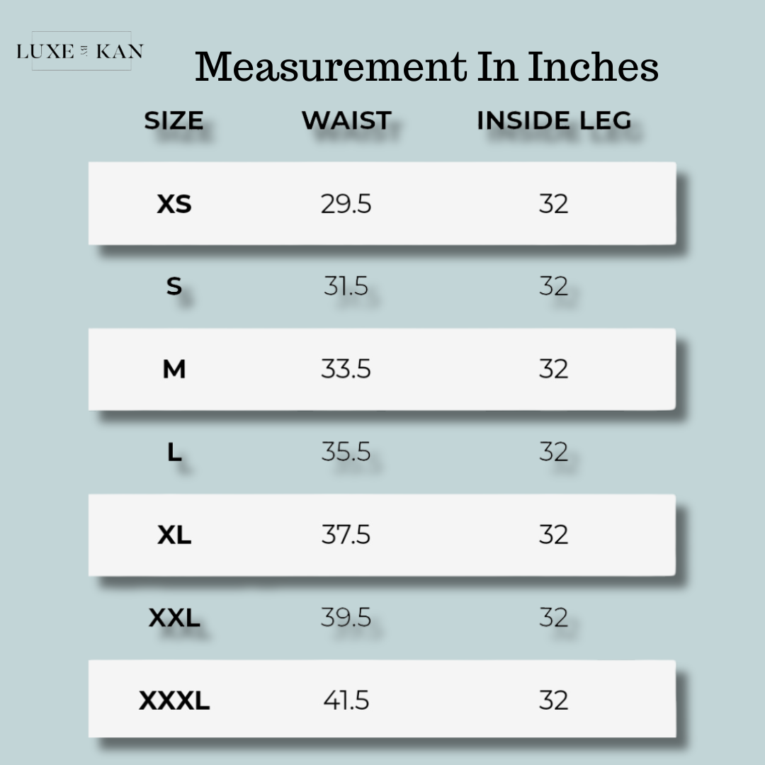 Size chart displaying waist and inside leg measurements in inches for XS to XXXL from Luxe & Kan.