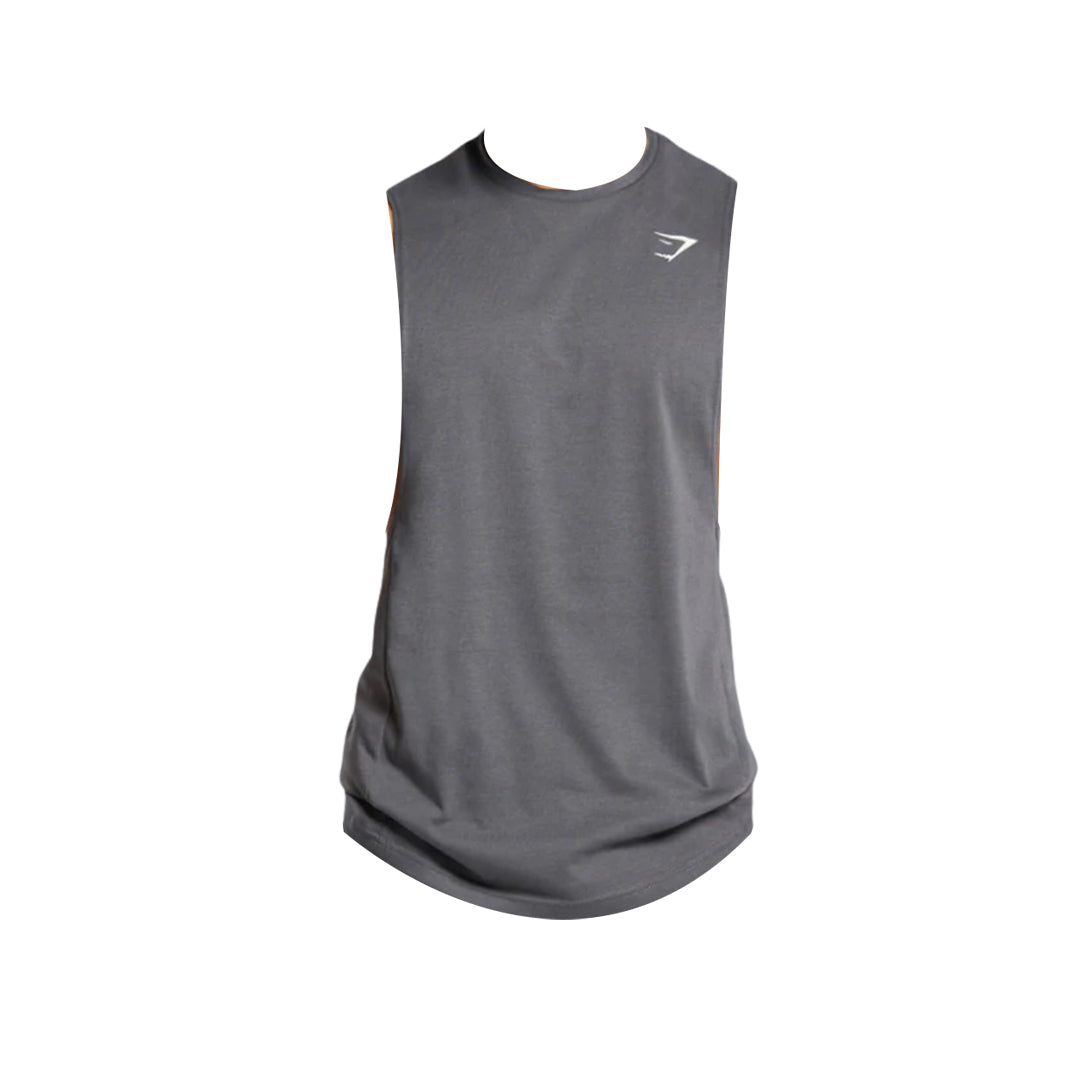 Gymshark gray sleeveless React Drop Arm Tank Top in a slim fit, featuring a round neckline and a small chest logo, designed for athletic performance.