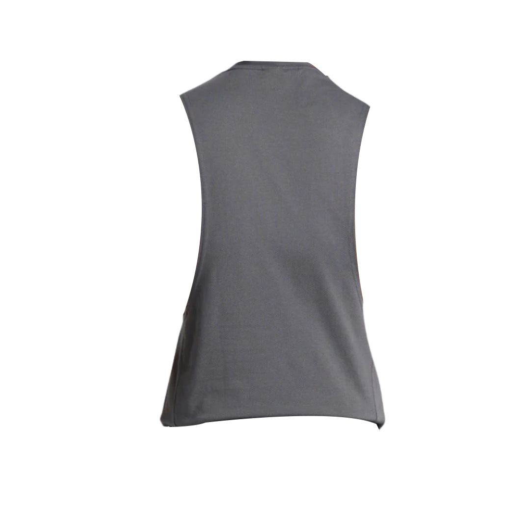 Back view of a sleeveless gray gym tank top with a relaxed fit, featuring a rounded neckline and side slits.