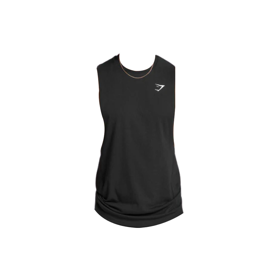 Black sleeveless workout tank top featuring a subtle white logo on the chest, designed for comfort and mobility during exercise.