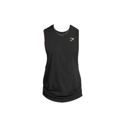 Black sleeveless workout tank top featuring a subtle white logo on the chest, designed for comfort and mobility during exercise.