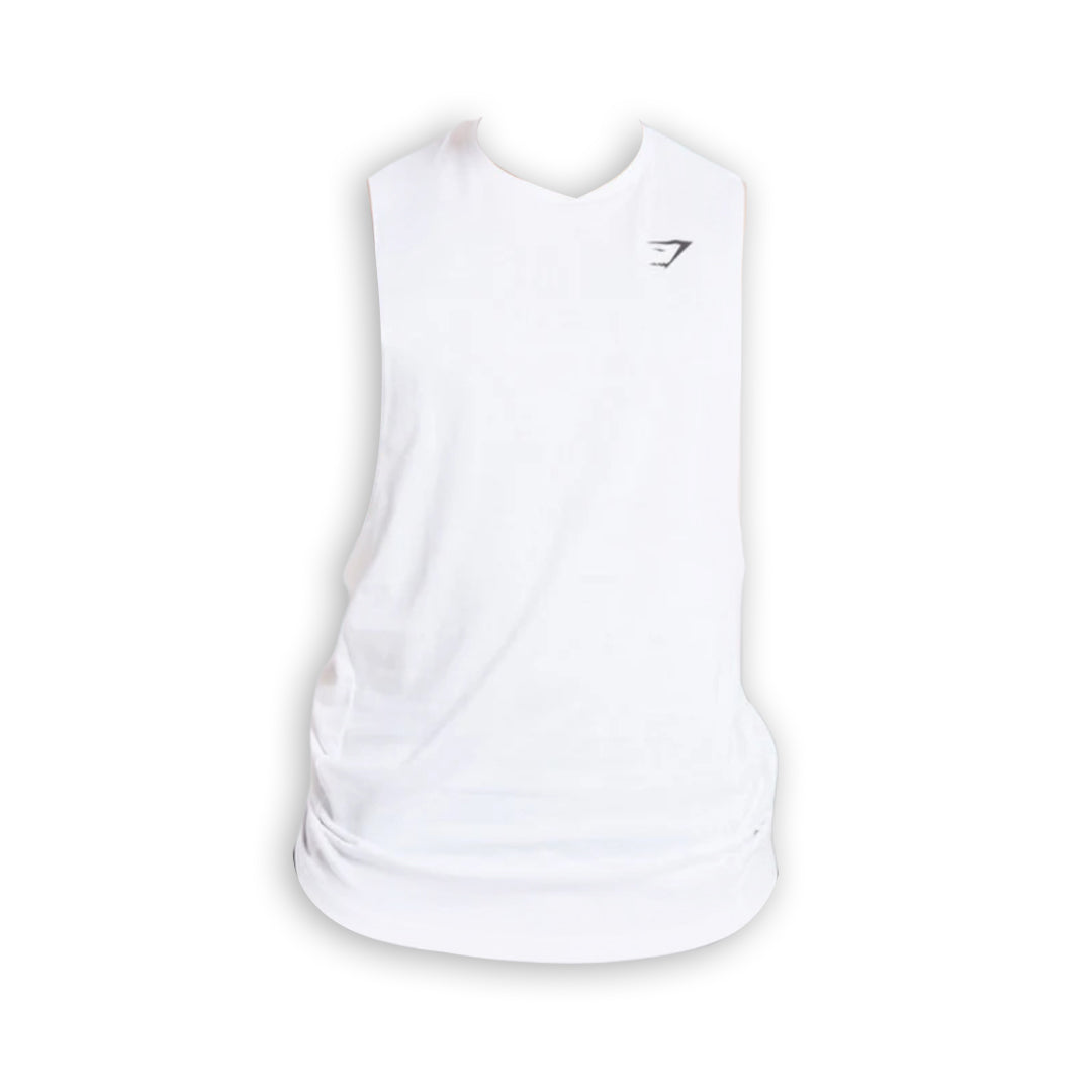 A plain white sleeveless gym tank top featuring a small black logo on the upper left side.