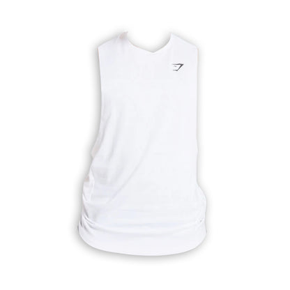 A plain white sleeveless gym tank top featuring a small black logo on the upper left side.