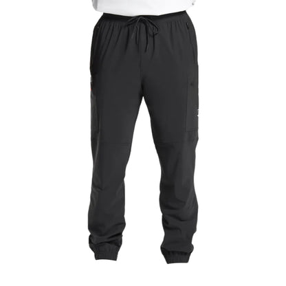 Black athletic cargo pants with elastic cuffs and a drawstring waist, featuring side pockets and a sleek, minimal design.