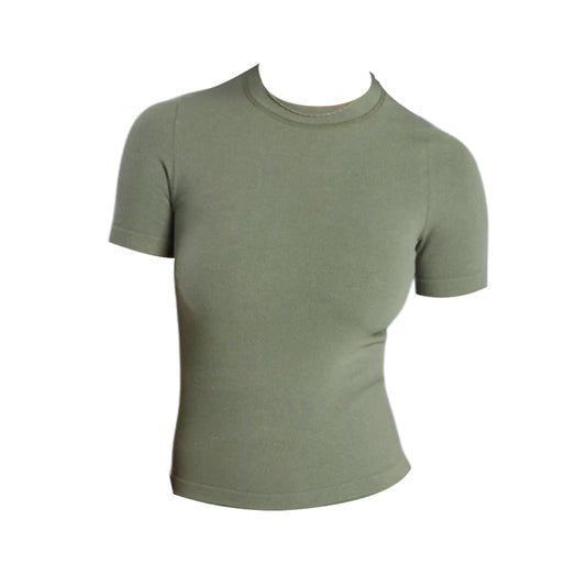 Gymshark olive green ribbed cotton seamless T-shirt with a round neckline.