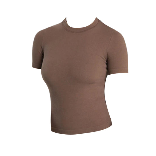 Short-sleeved brown ribbed cotton seamless T-shirt with a round neckline, designed with a fitted silhouette.