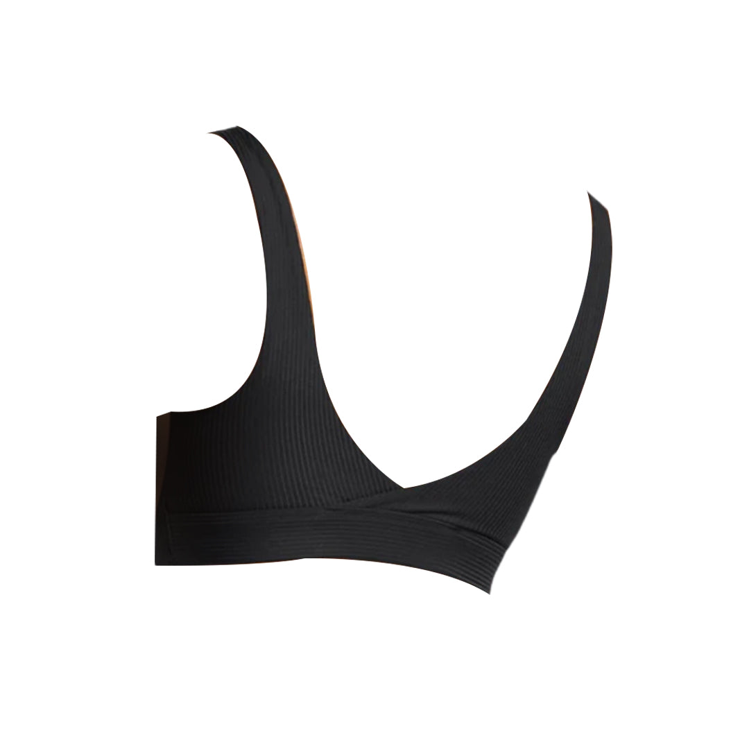 Black Gymshark Ribbed Sports Bra with medium support, featuring a ribbed texture and wide straps.
