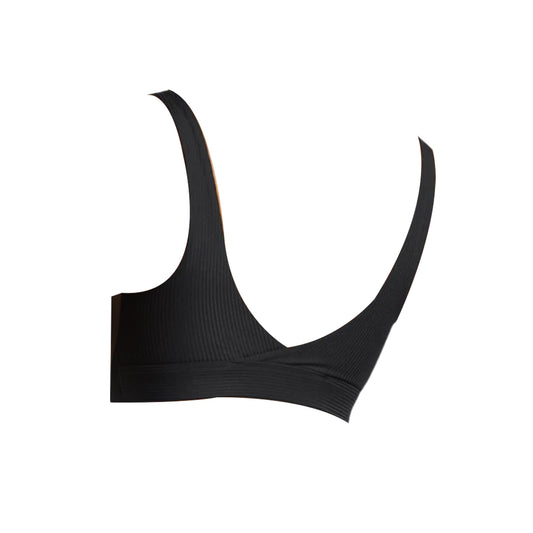 Black Gymshark Ribbed Sports Bra with medium support, featuring a ribbed texture and wide straps.