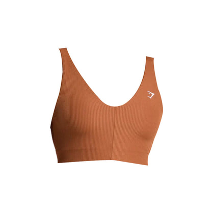 Brown ribbed sports bra with white logo, ribbed texture, and scoop neckline.