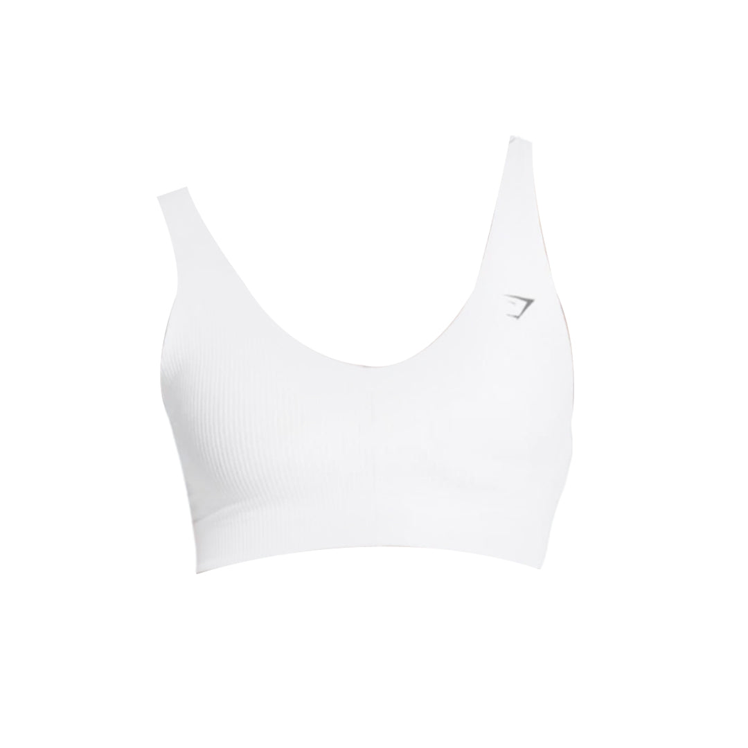 Brown sports bra with white logo, ribbed texture, and scoop neckline.
