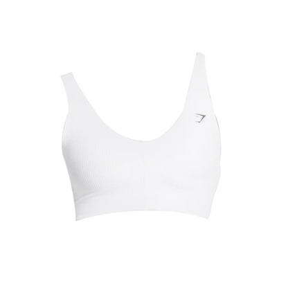 Brown sports bra with white logo, ribbed texture, and scoop neckline.