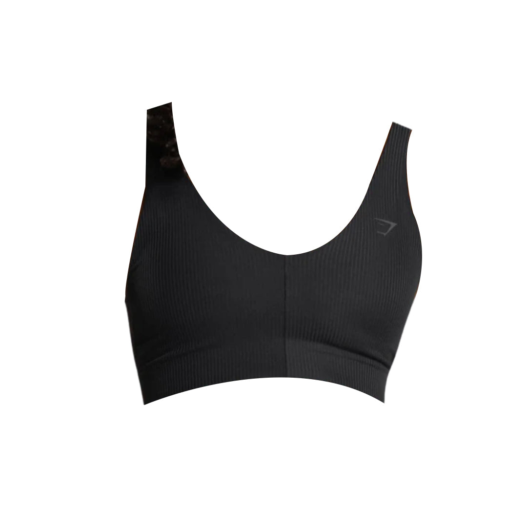 A black Gymshark Ribbed Sports Bra with medium support, featuring a ribbed texture and a scoop neckline.