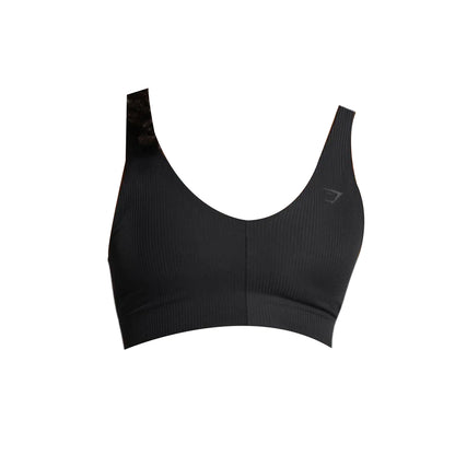 A black Gymshark Ribbed Sports Bra with medium support, featuring a ribbed texture and a scoop neckline.